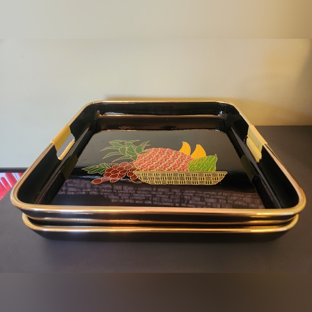 SET OF 2: Vintage Black Lacquer Plastic Trays Fruit Theme With Pineapple Grape
